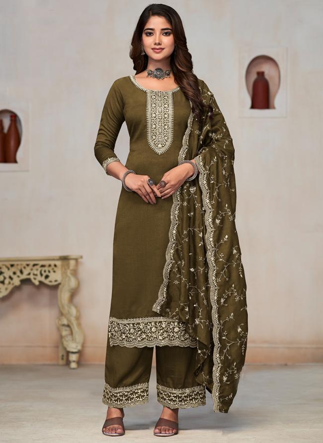 Pure Vichitra Mehendi Green Traditional Wear Embroidery Work Straight Suit